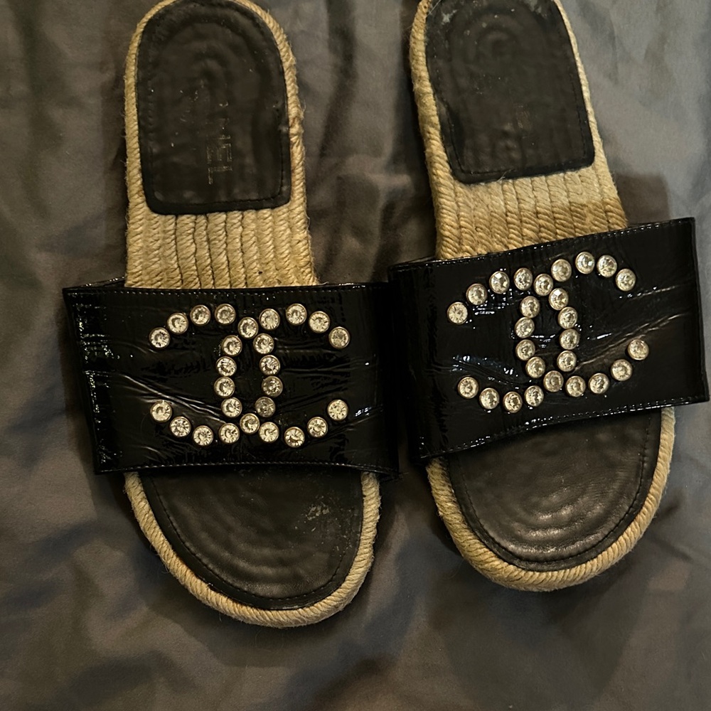 CHANEL Black Slides with Rhinestone Accents